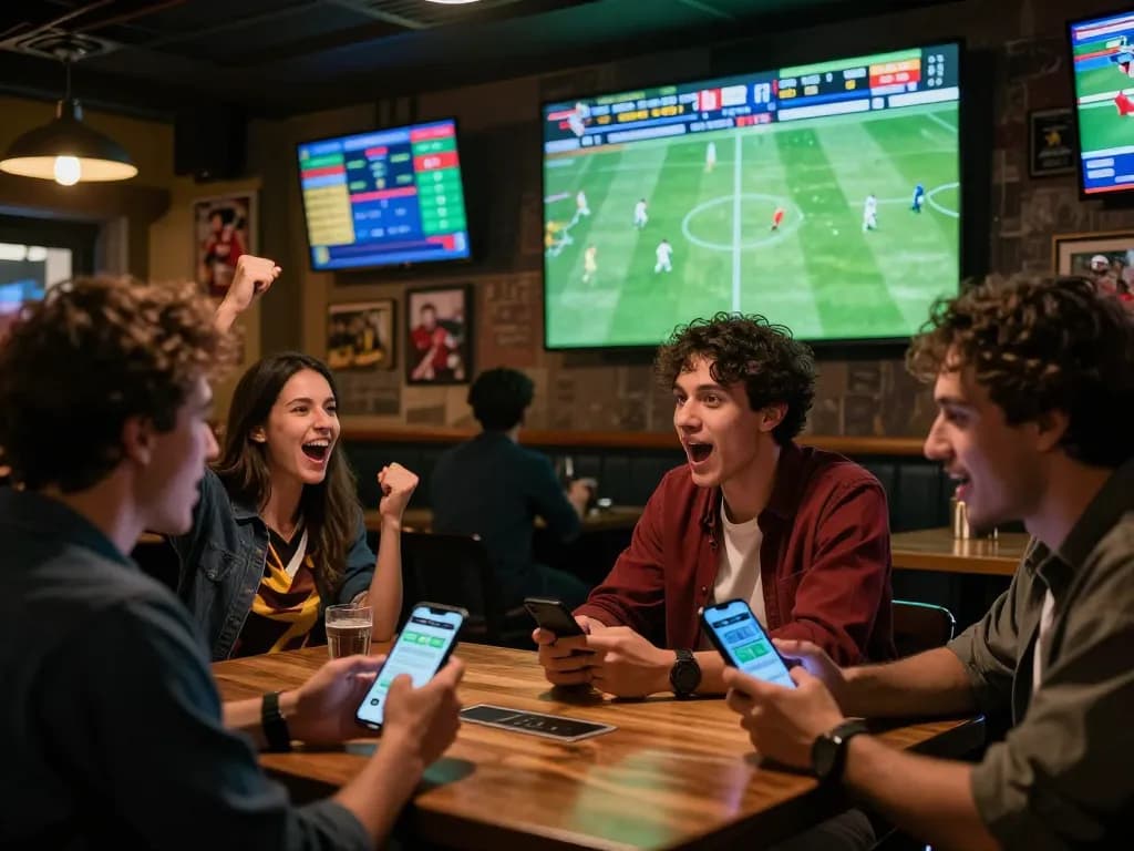 Excitedly monitoring kết quả bóng đá while placing bets at a lively sports bar with friends.