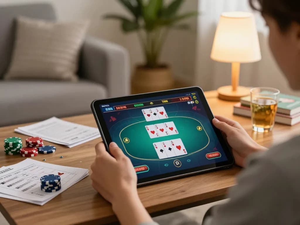 Engaging poker gameplay on Tg88.com displayed on a tablet in a cozy living room.