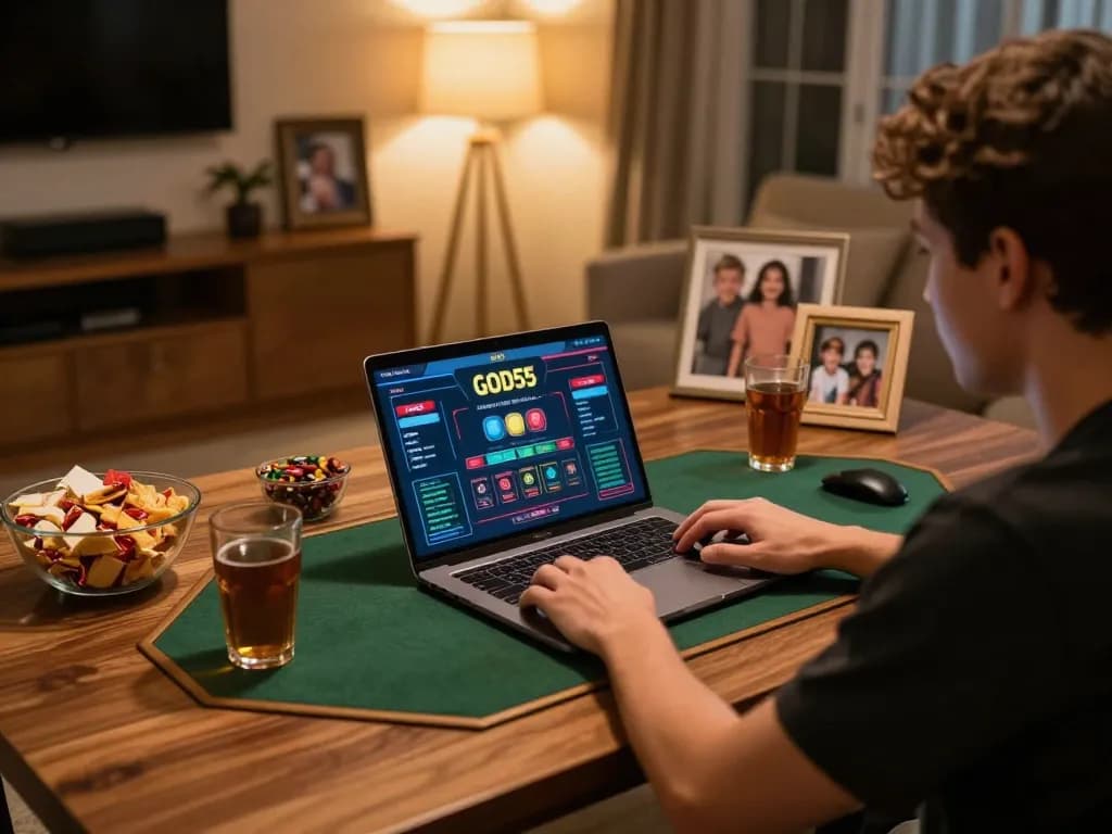 Engaging in online gambling with God55 at home, showcasing responsible gaming.