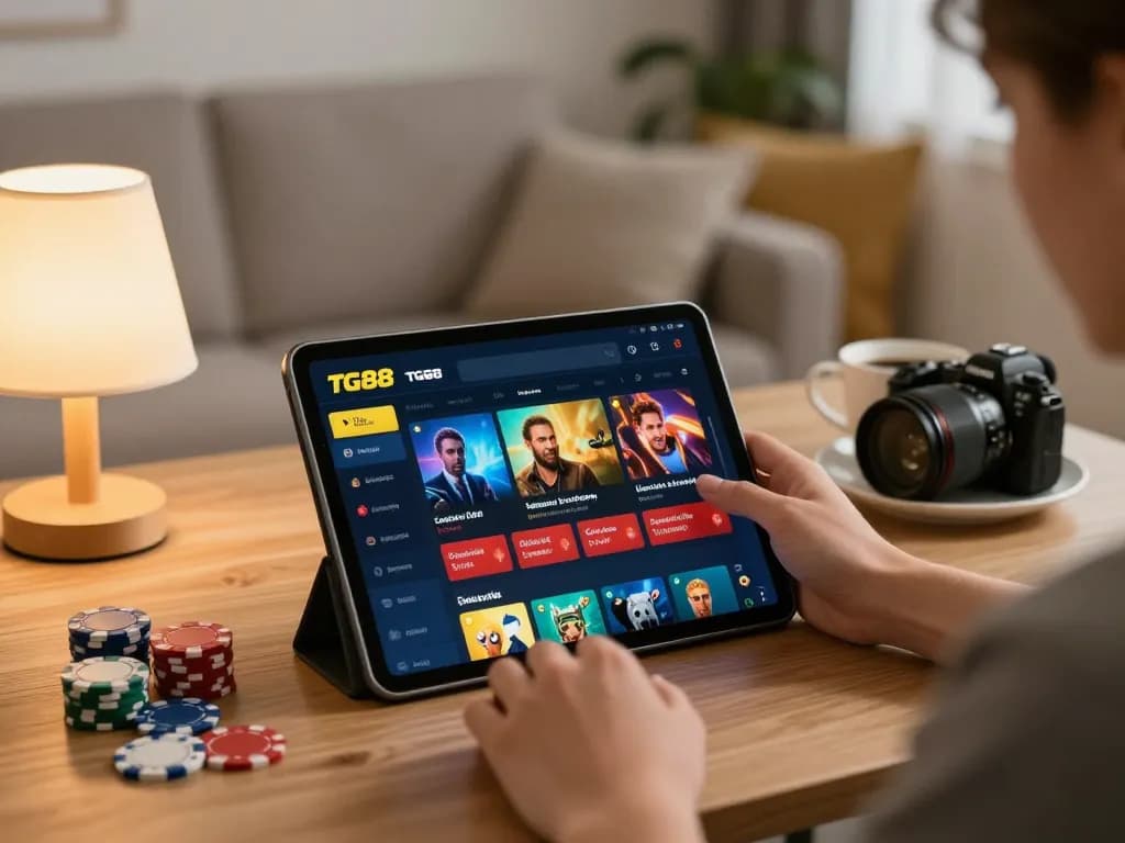 Player enjoying TG88 casino app on tablet at home, showcasing relaxing gaming environment.