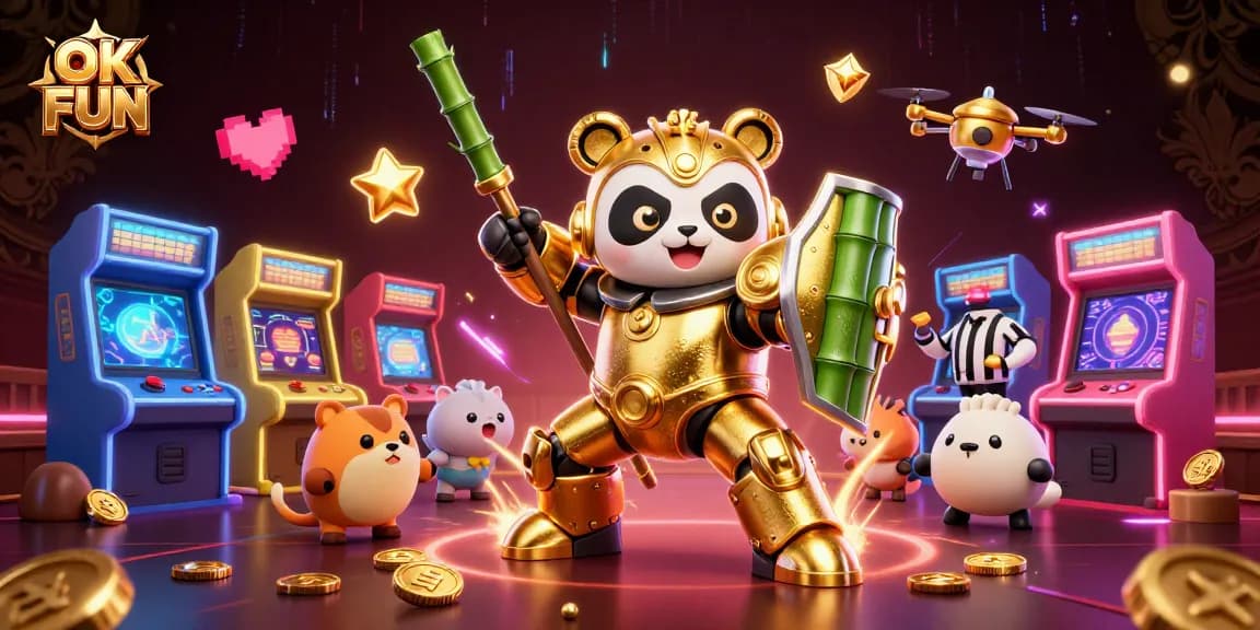 Experience the thrill of OK FUN with dynamic gaming elements in a vibrant 3D casino scene.