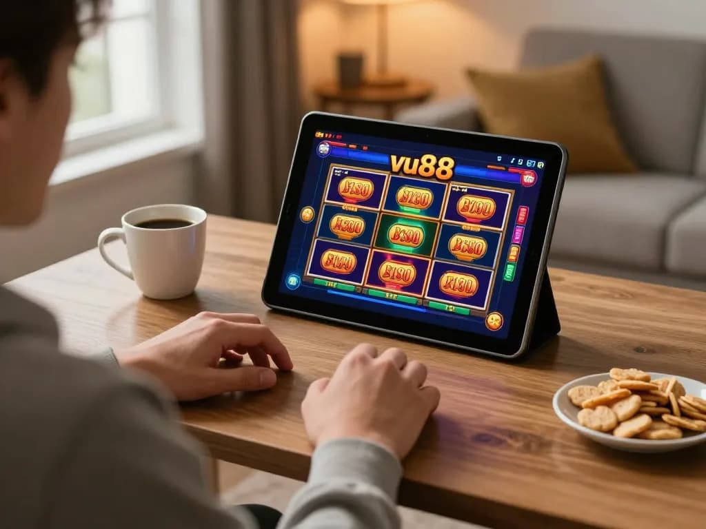 Engaging vu88 online slots gameplay on a tablet, highlighting vibrant graphics and cozy home setup.