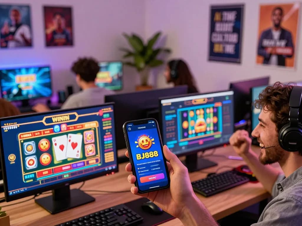 Players experiencing the excitement of BJ888 online gaming with vibrant graphics and celebratory moments in a modern setup.