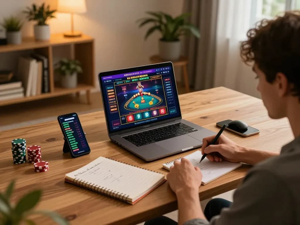 This dynamic scene at https://ok365.best/ shows a focused individual enjoying online gambling in a cozy home setting.
