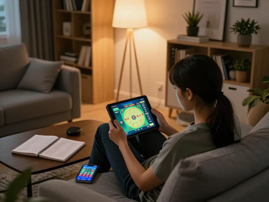 Playing tài xỉu online on a tablet in a cozy living room, showcasing strategic gaming atmosphere