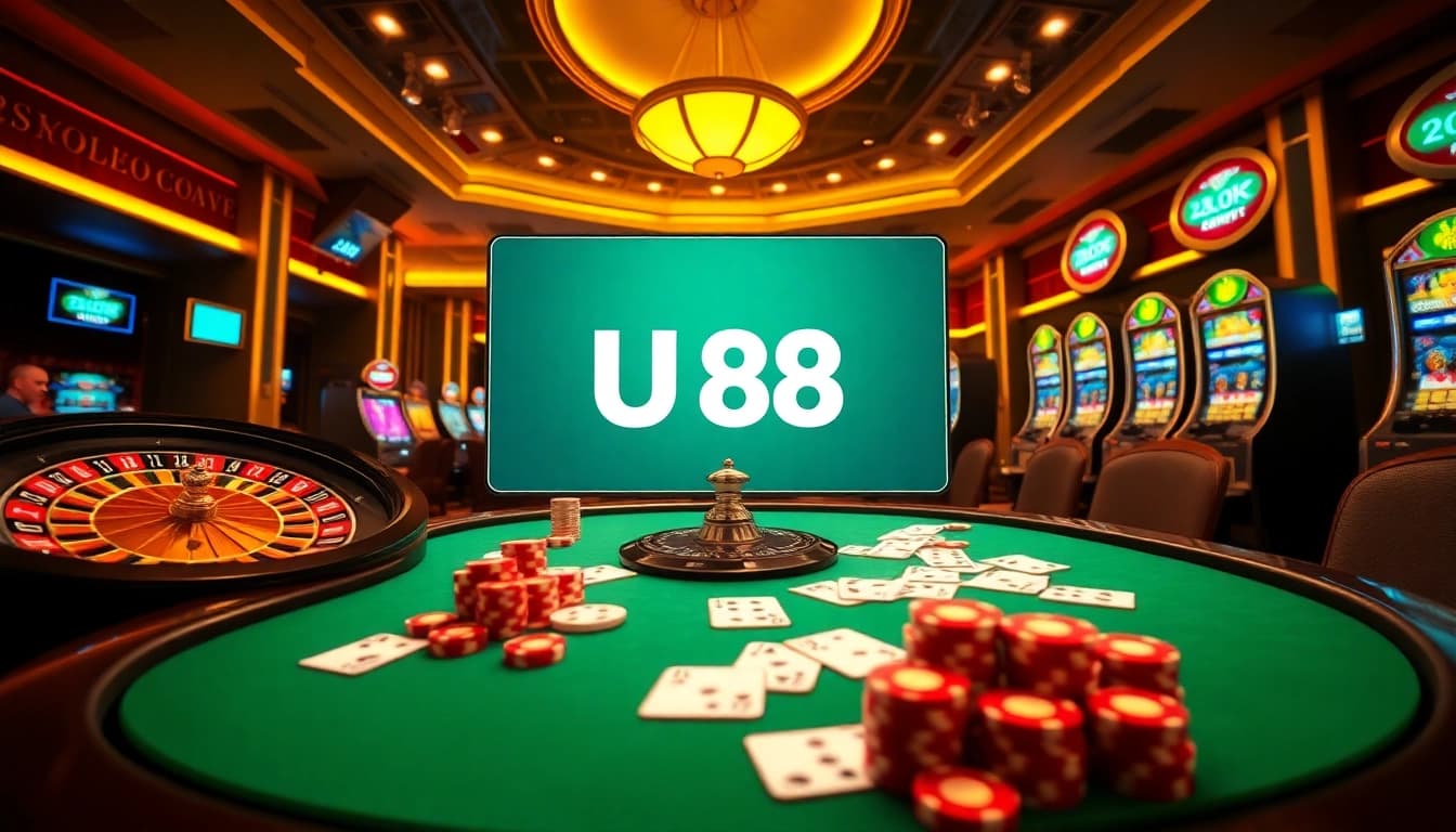 Dynamic gameplay featuring UU 88 logo with roulette, cards, and slot machines in a vibrant casino setting