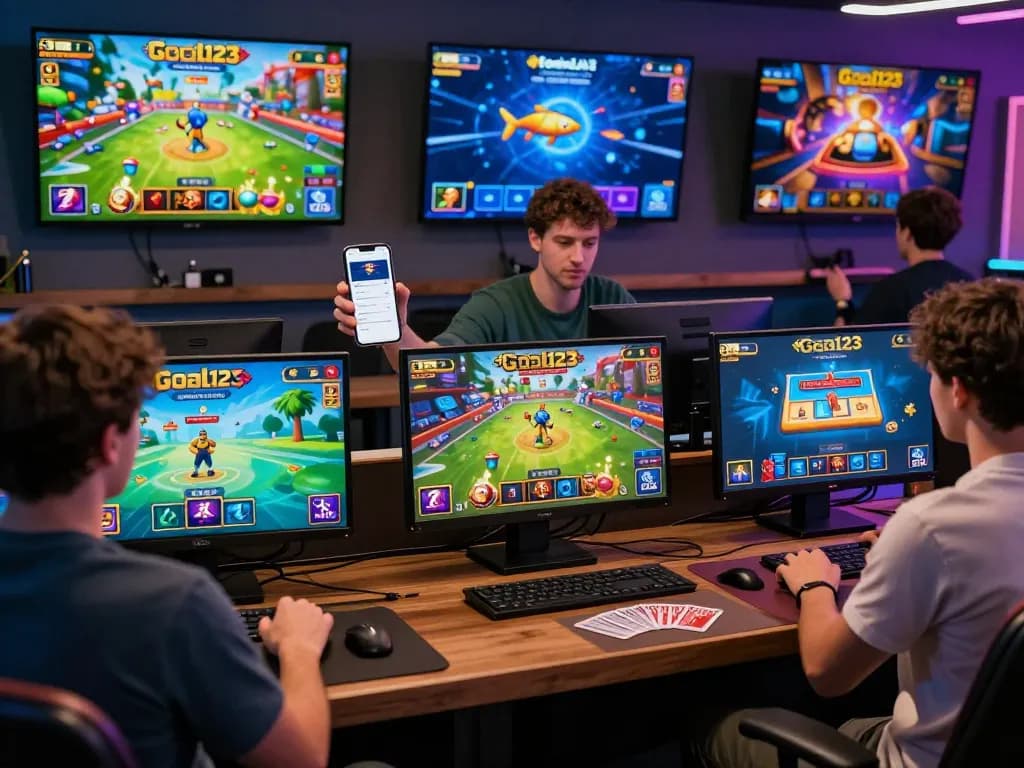 Goal123 players enjoying diverse online games in a vibrant digital gaming environment with lively interactions.