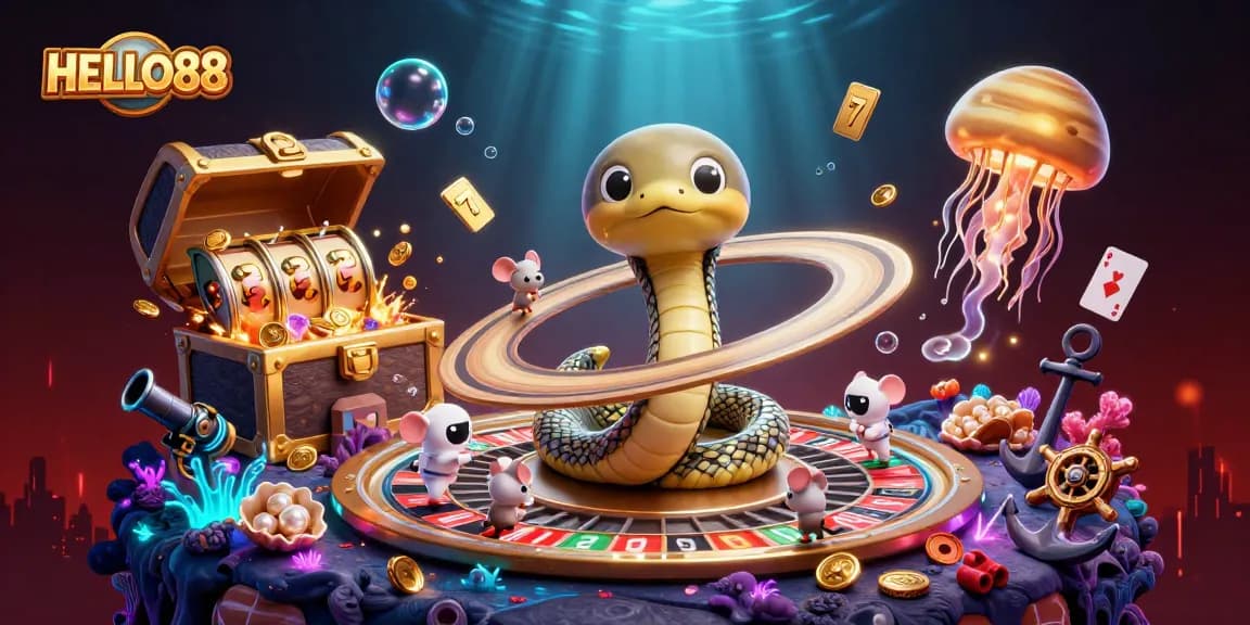 Engage in thrilling gameplay at HELLO88 with vibrant characters and dynamic elements in a cosmic casino.