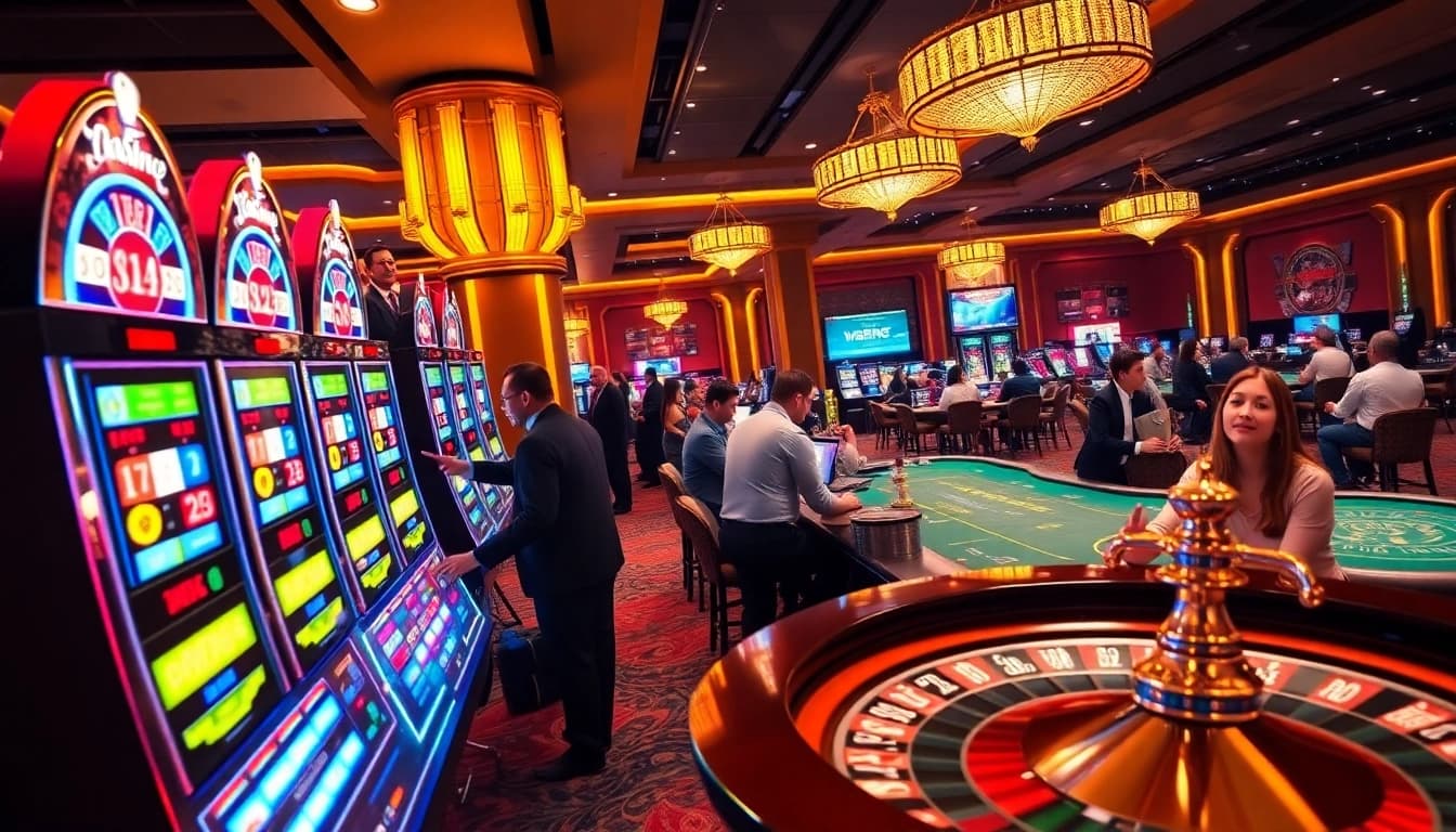 Excited players enjoying games at HU88 casino with vibrant slot machines and roulette tables.