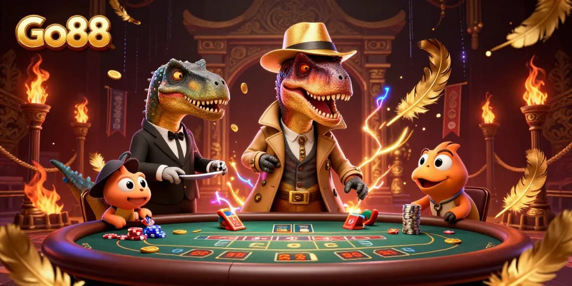 Experience engaging gameplay at Go88 with a velociraptor card counter amidst a thrilling casino setting.