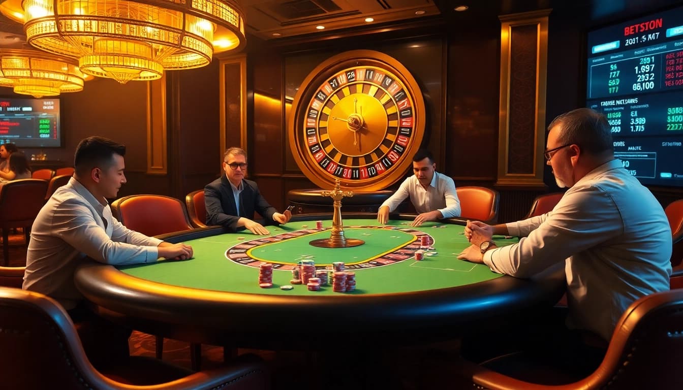 Kèo nhà cái 5 gaming scene with an elegant poker table, vibrant chips, and a spinning roulette wheel.