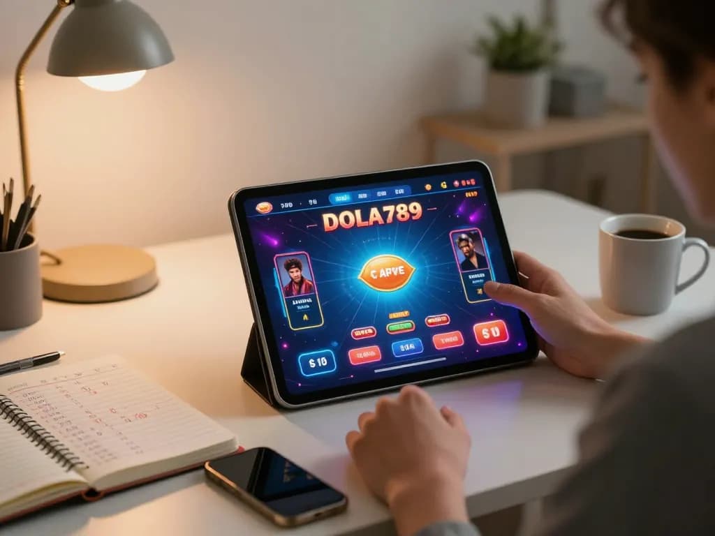 Engaging player enjoying DOLA789's live dealer game on a tablet in a stylish home office setting.