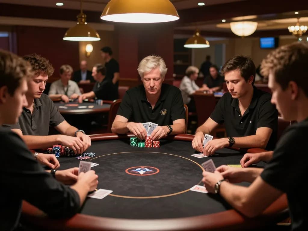 33win1 players strategizing and enjoying a thrilling night at a poker table with chips stacked high
