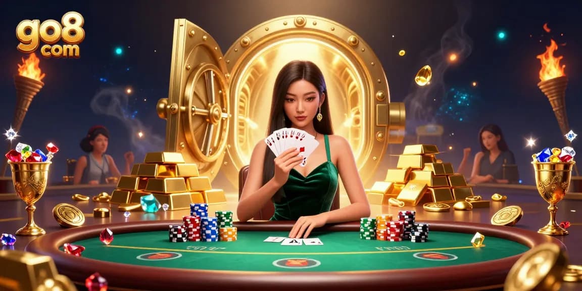 Winning with go8 com at an upscale poker table, surrounded by dazzling gold treasures
