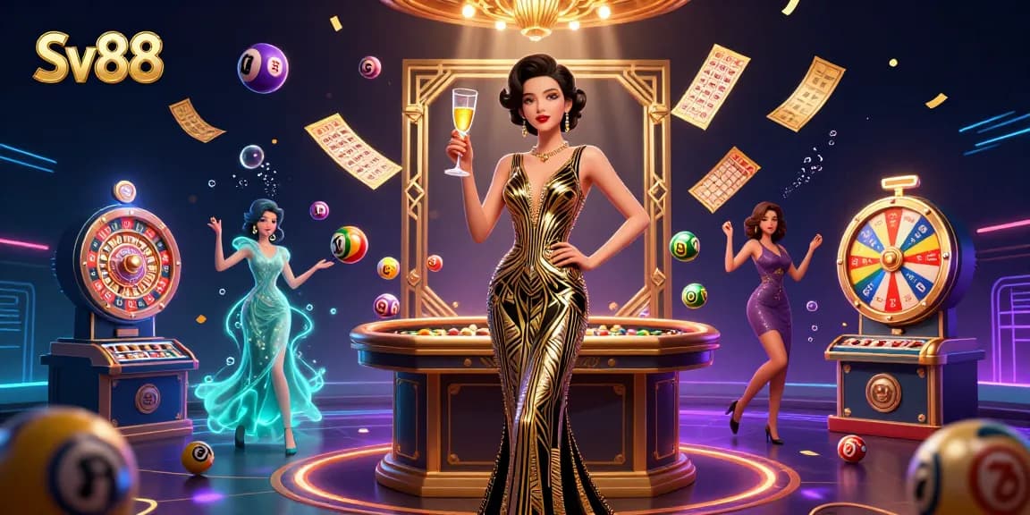 Experience winning at Sv88 with our vibrant and dynamic casino scene, showcasing elegant characters and exciting game elements.