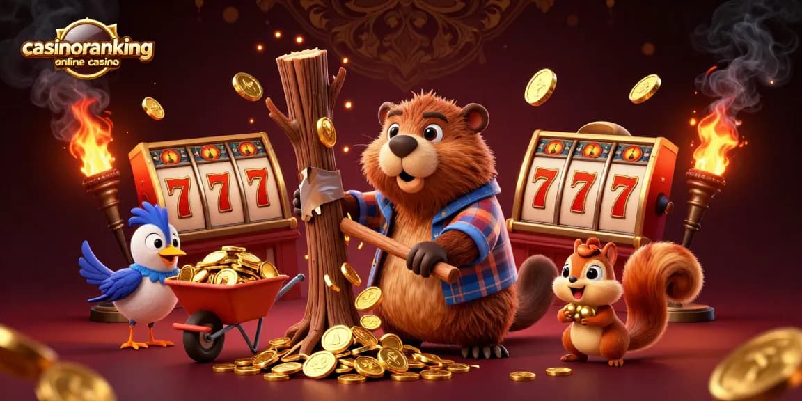 Experience the thrill of casinoranking online casino with golden coins raining from a beaver's tree chop.