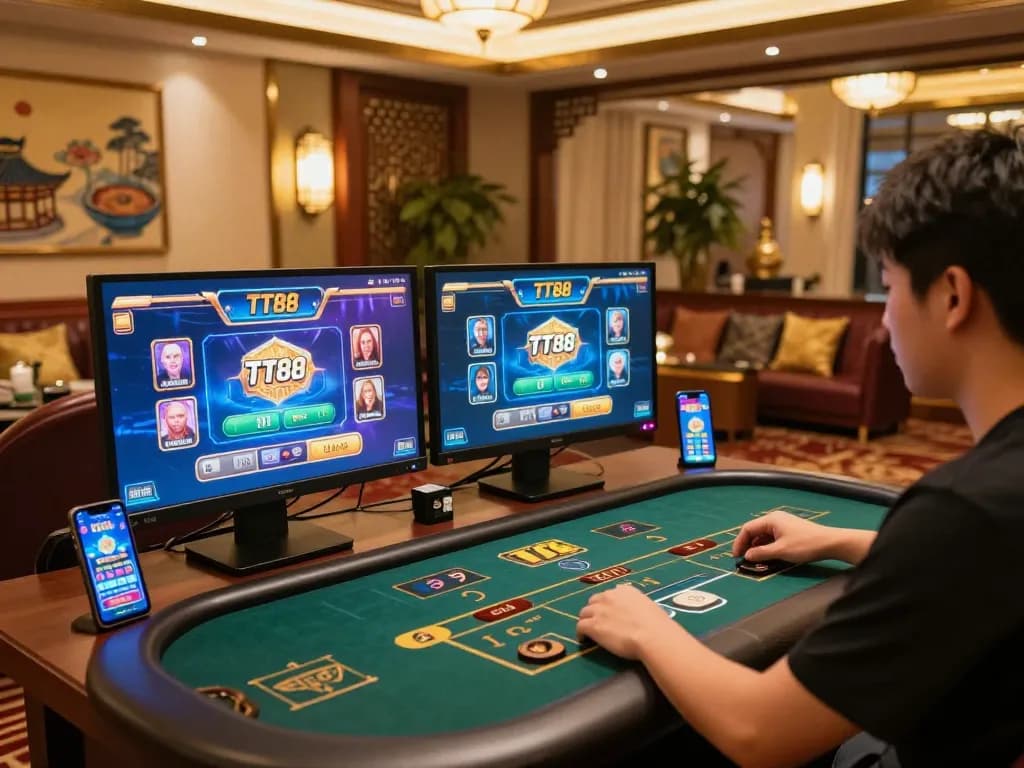 Engaging in TT88 online gaming on dual monitors with a stylish Asian-themed setup