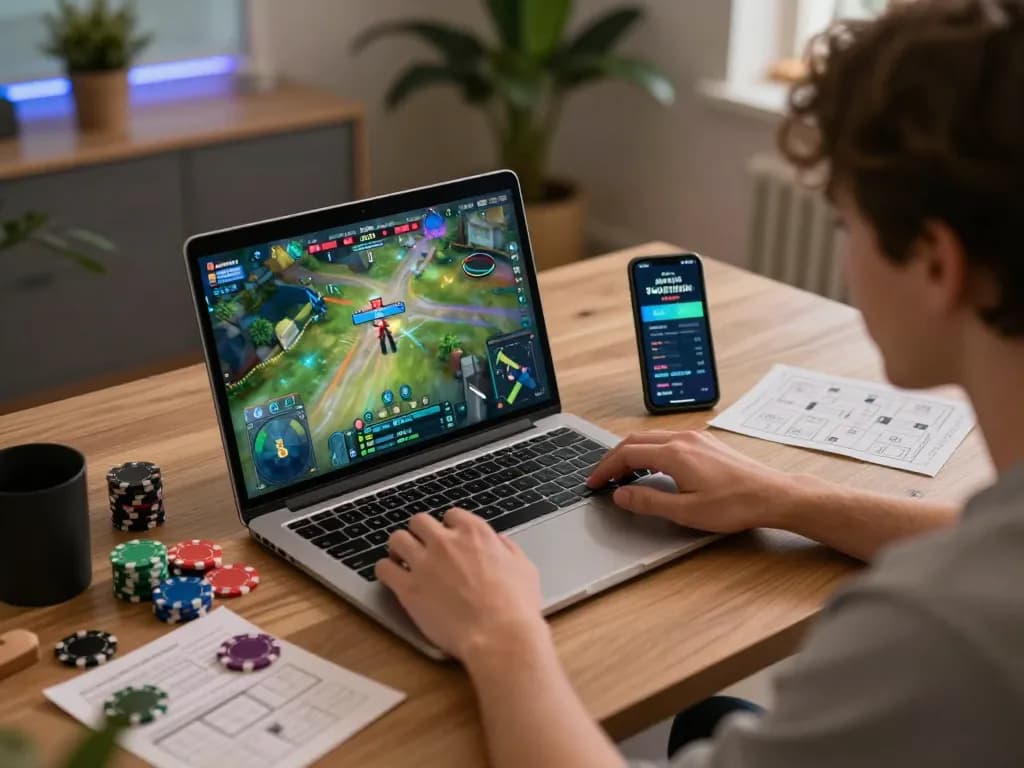 B52club user engaged in online gaming strategy with laptop and smartphone at home.