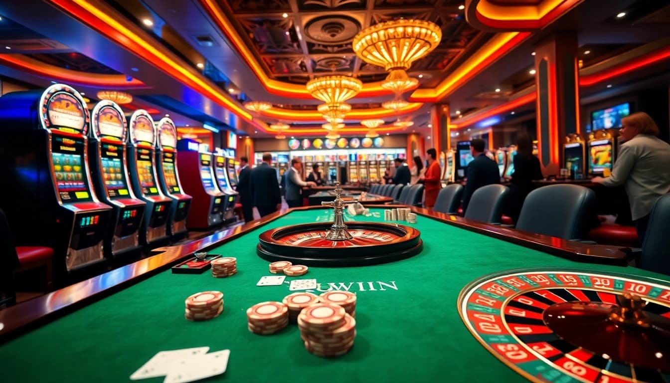 Kuwin casino scene featuring poker table, roulette wheel, and vibrant gamblers.