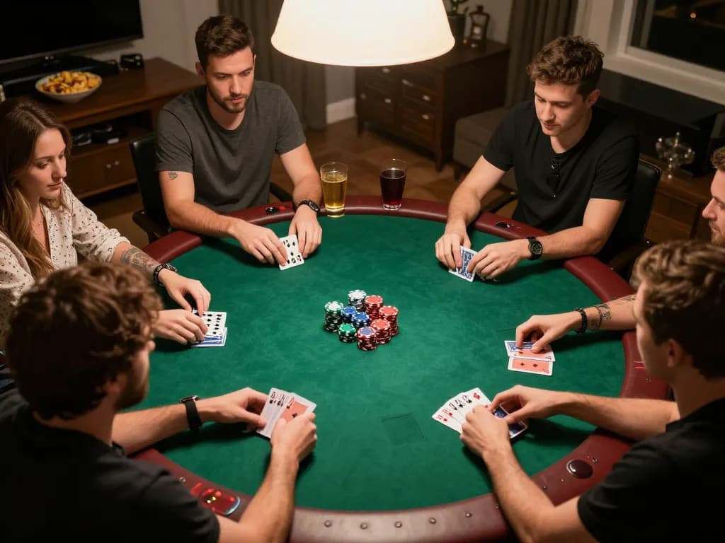 BL555 players engaged in a strategic poker game with colorful chips and cards visible.