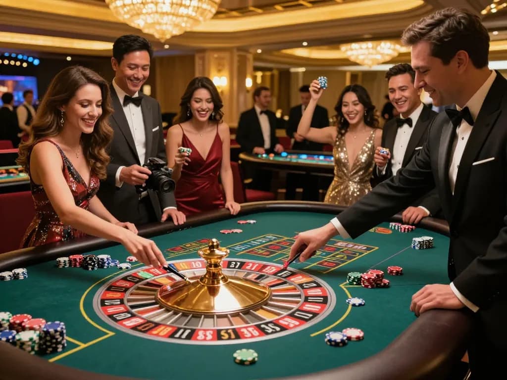 Players engage at the roulette table in a lively casino atmosphere, experiencing the thrill of ok365 gaming.