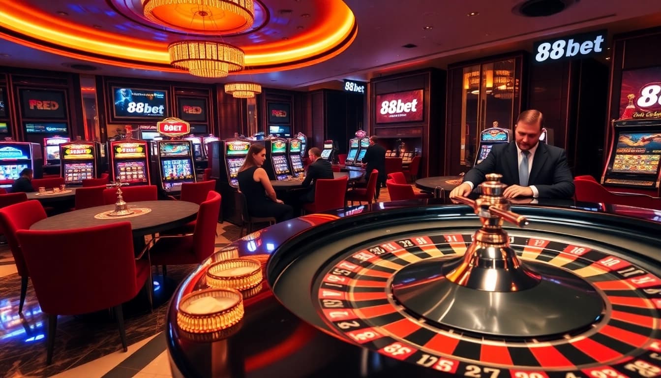 Engage with exhilarating games at 88bet's upscale casino, featuring vibrant roulette and poker tables.