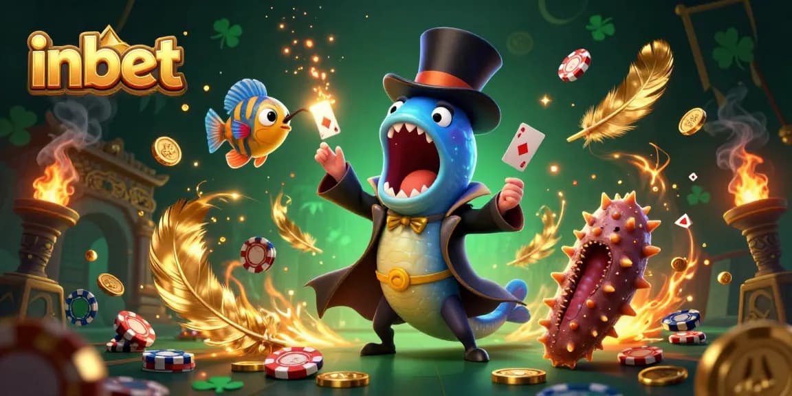 Experience the thrill of inbet with a dazzling 3D illustration showcasing a bioluminescent gulper eel magician surrounded by casino elements.
