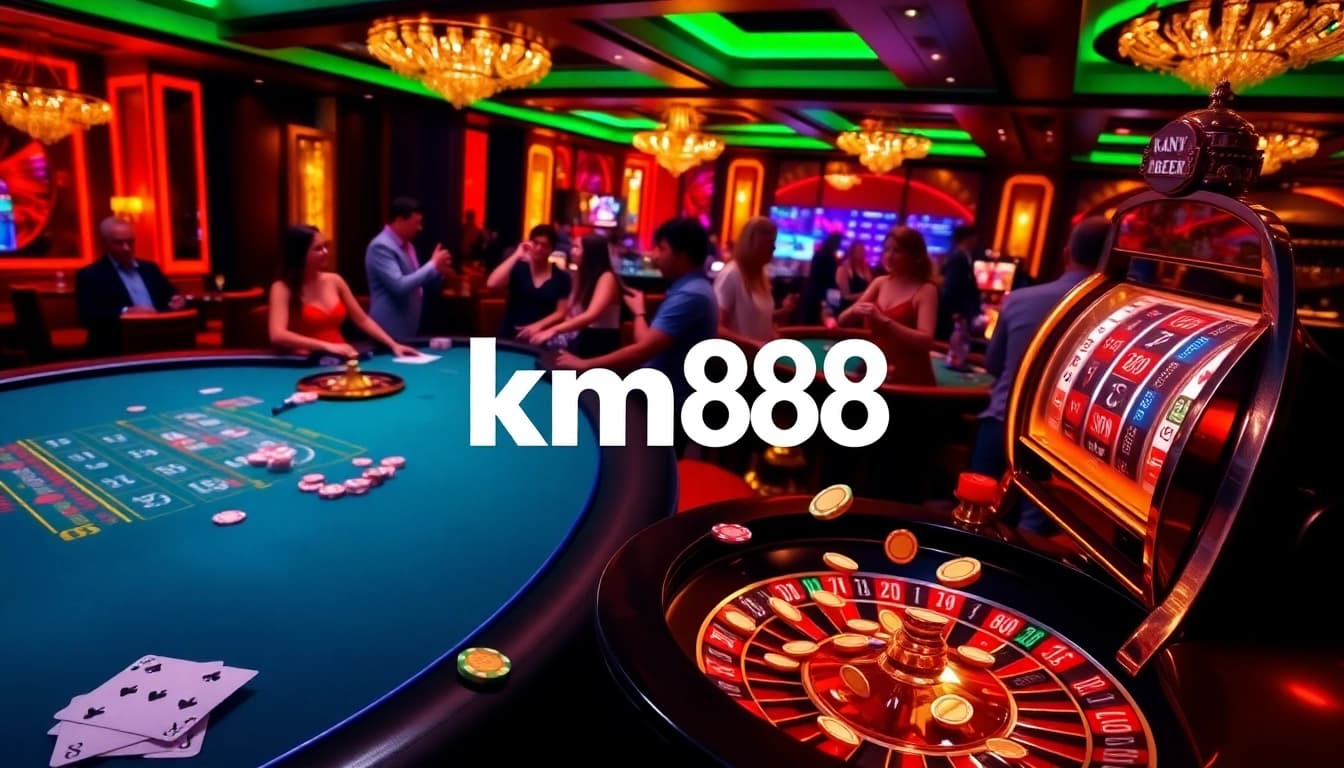 Experience high-stakes betting action at km88's vibrant casino tables with chips and cards.