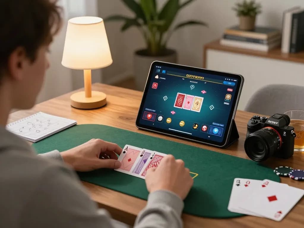 Engaged player enjoying Trang chủ Rik88 poker game on tablet in a cozy home setting