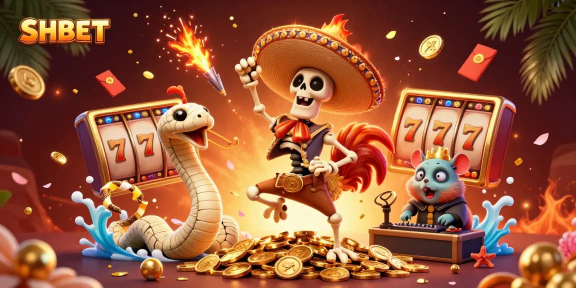 Experience thrilling gaming at SHBET with animated characters celebrating on golden coins.