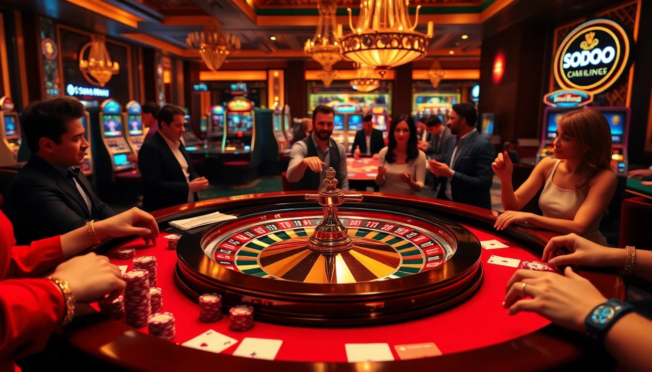 SODO66 casino scene with roulette and poker chips, capturing excitement and elegance.
