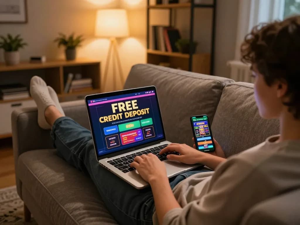 A person enjoying online gaming with free credit no deposit offers on a laptop in a cozy home environment.