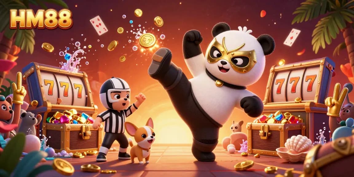 HM88 offers thrilling casino experiences as a panda wrestler kicks while animals cheer, showcasing vibrant visuals.