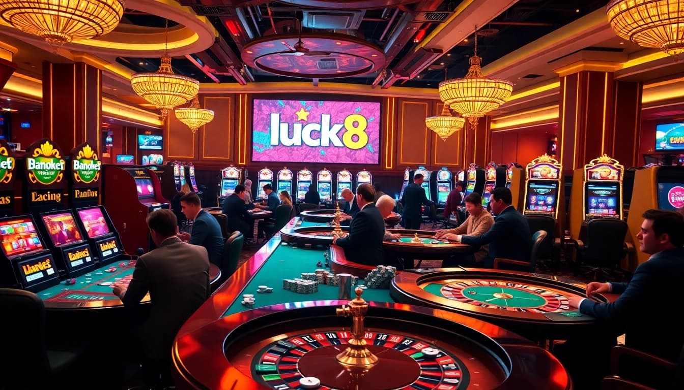 Experience the excitement of luck8 with players at casino tables and vibrant slot machines.