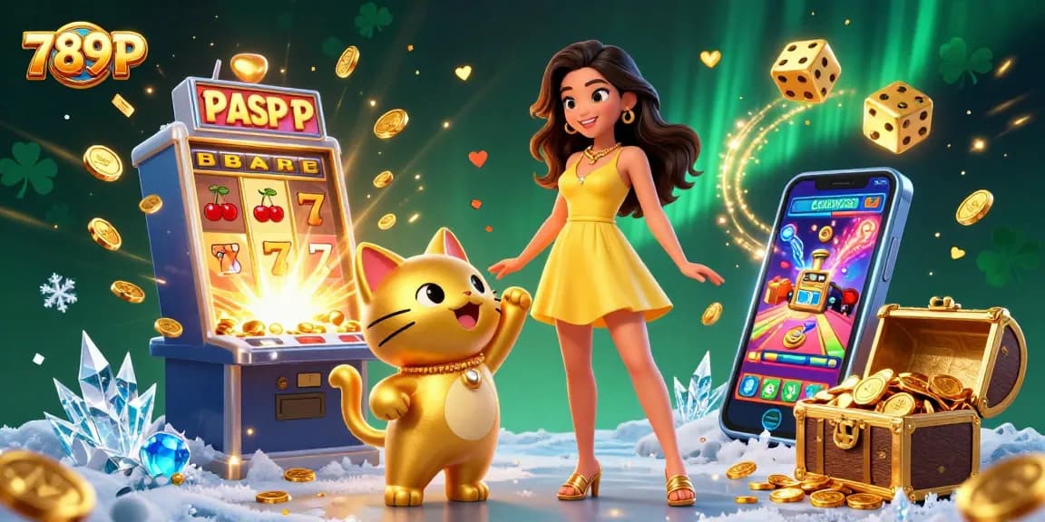 Experience winning at 789P with a cheerful Asian woman and golden lucky cat amidst casino chaos.