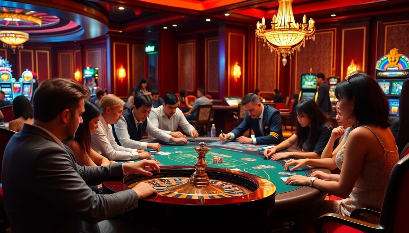 Engaged players in a luxurious casino atmosphere, reflecting excitement from https://mm88.moe/ gaming activities.