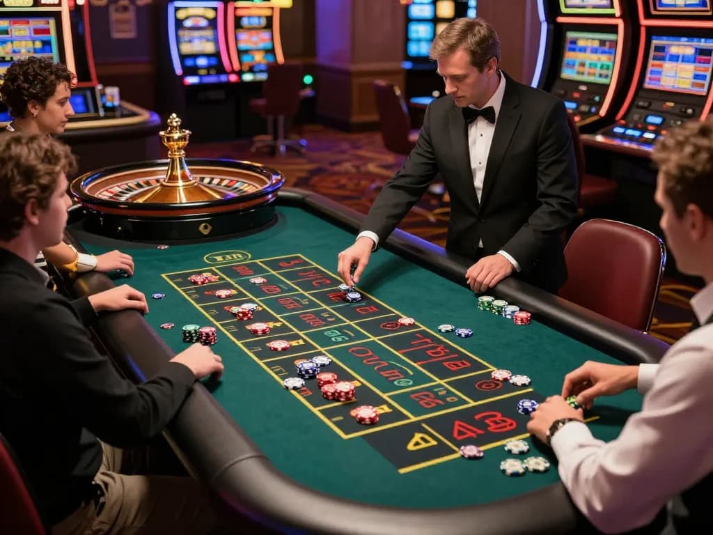 VA88 players placing bets at a lively roulette table in an upscale casino.