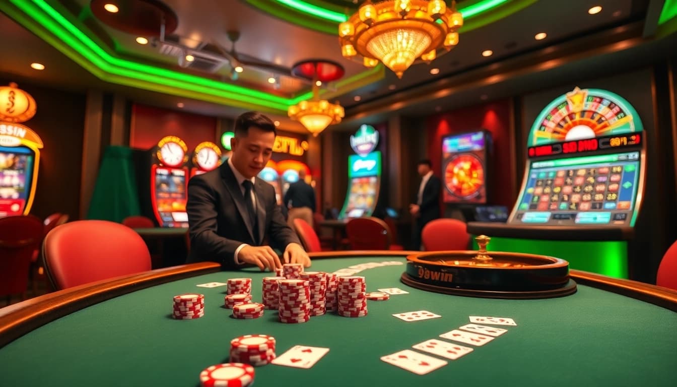Experience the thrill of winning at 98win with vibrant poker games and glowing slot machines.
