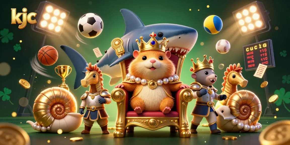 KJC's immersive gaming environment where a golden hamster king rules an exciting sports betting realm filled with trophies and sports elements.
