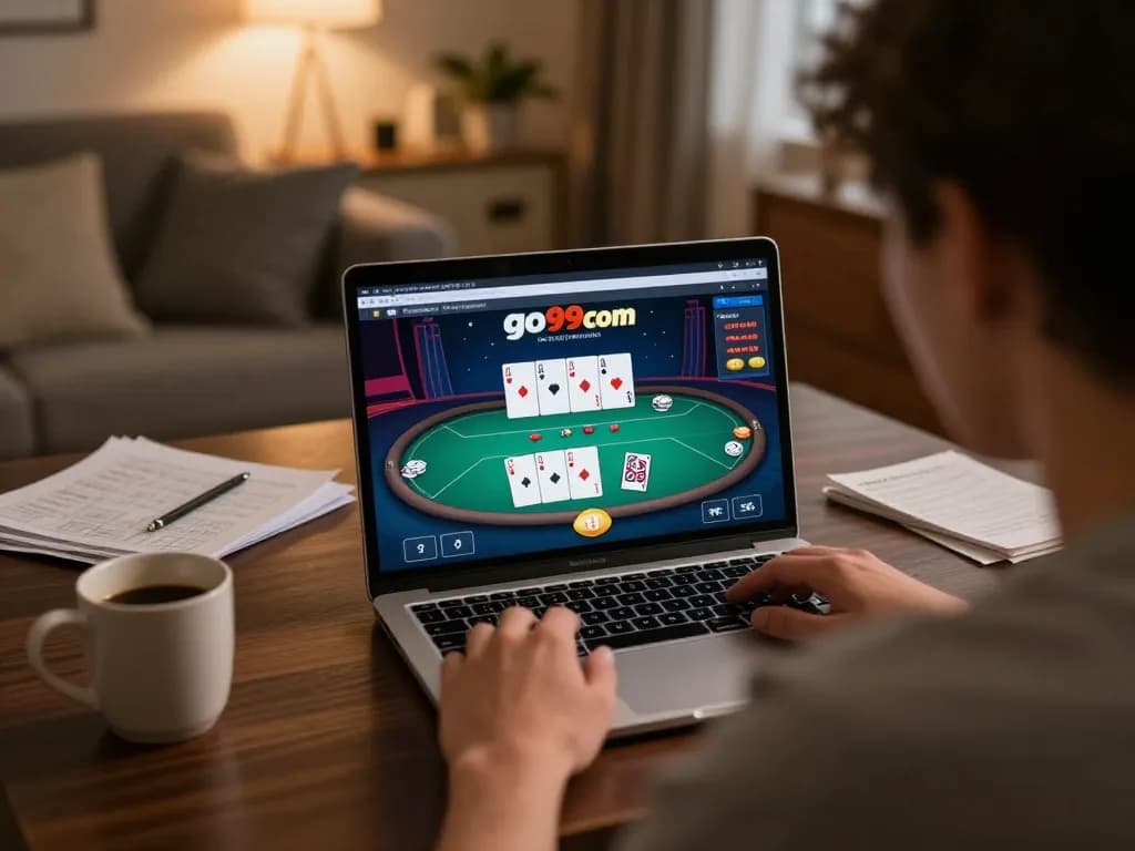 Player enjoying go99com online poker while seated comfortably at home desk.