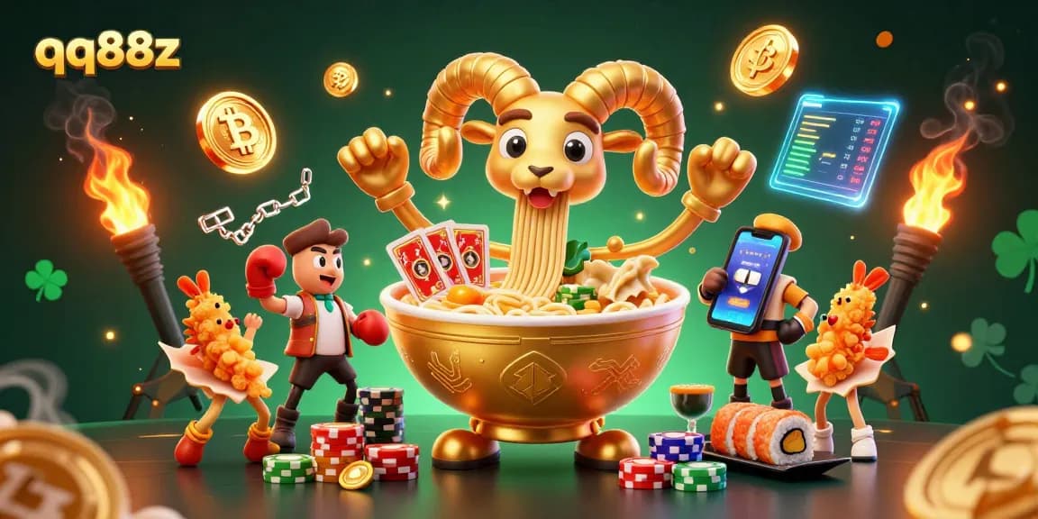 Participate in exciting games with qq88z, featuring a dynamic casino scene with colorful characters and crypto elements.