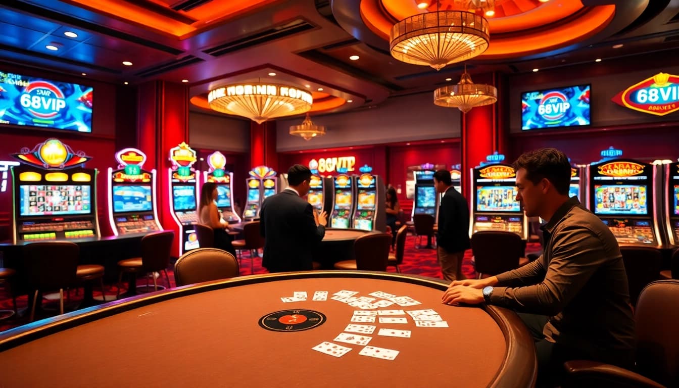Engaging casino scene showcasing 68VIP online gaming with poker cards, roulette wheel, and vibrant slots.