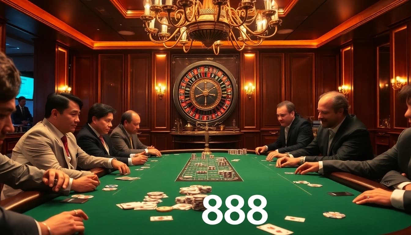 High-stakes poker action capturing the excitement of SCLUB88 CO in a luxurious casino setting.
