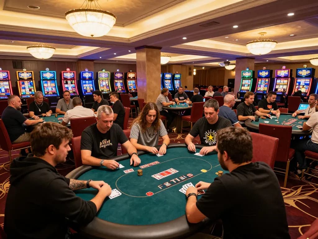 Players strategize and place bets at a bustling casino table at 123B, showcasing gambling excitement.