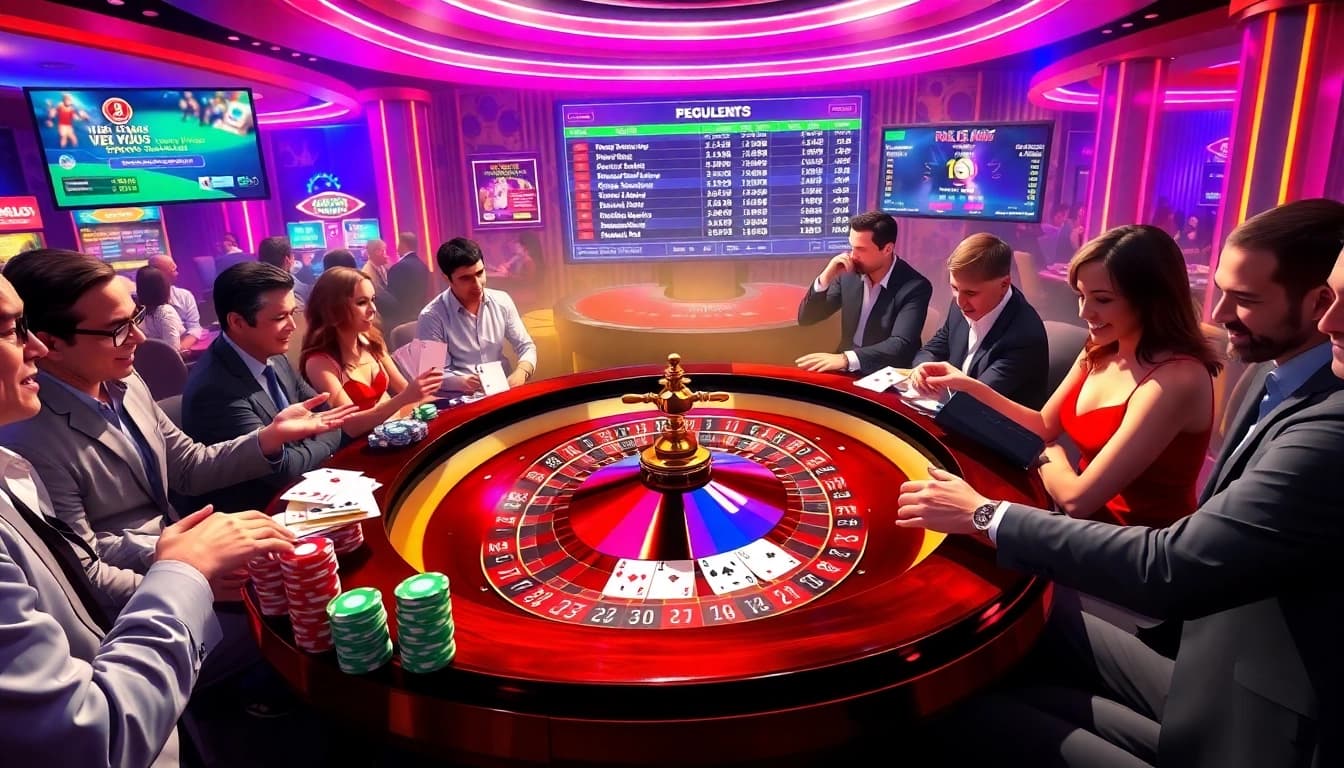 Excited gamblers enjoying a vibrant casino night at https://luck8.media/ with roulette, cards, and betting options.