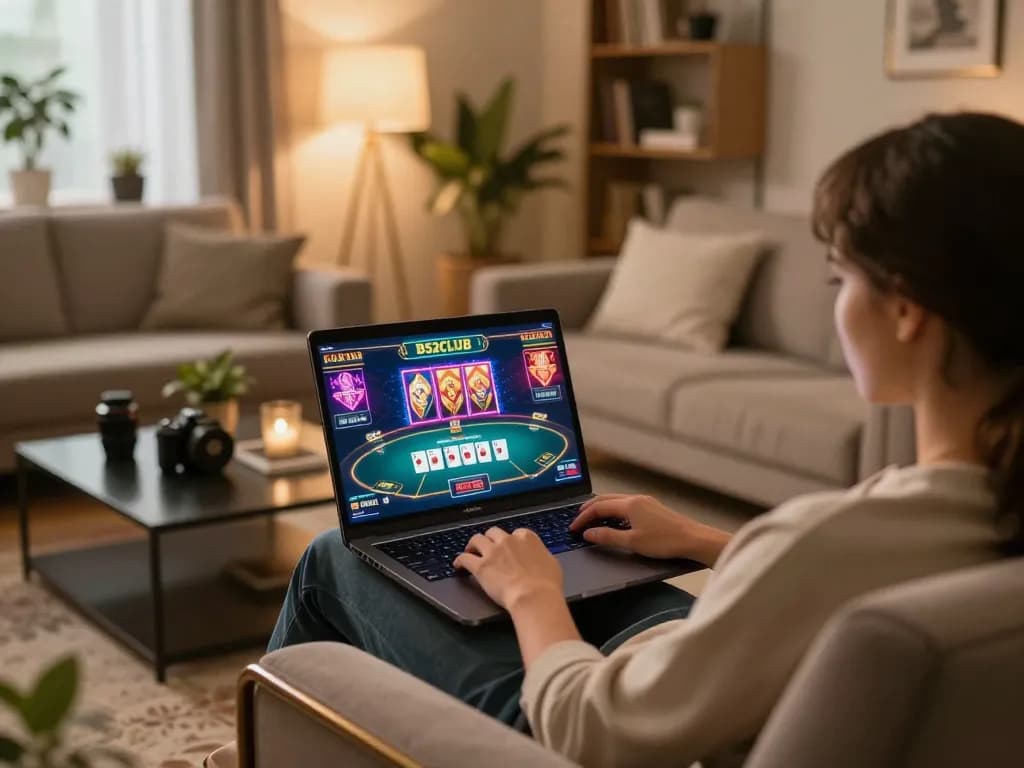 Engaging in online gambling at B52CLUB using a laptop in a cozy home setting, focusing on the game interface.