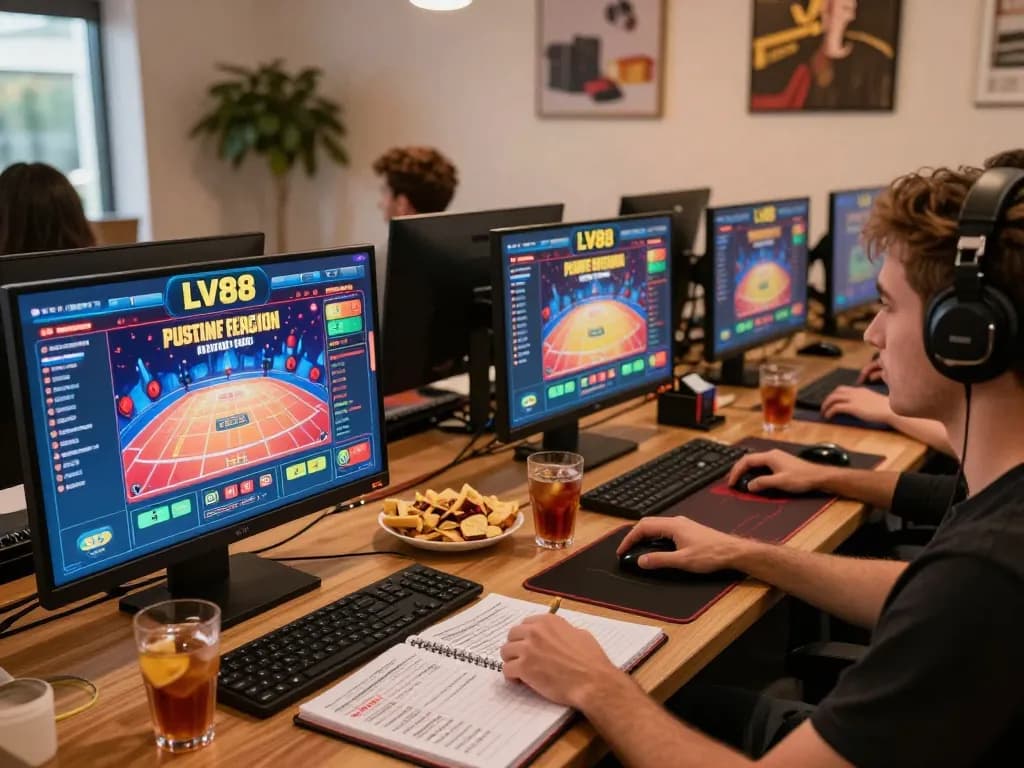 Player enjoying a live dealer game at LV88 online casino on multiple screens with snacks nearby