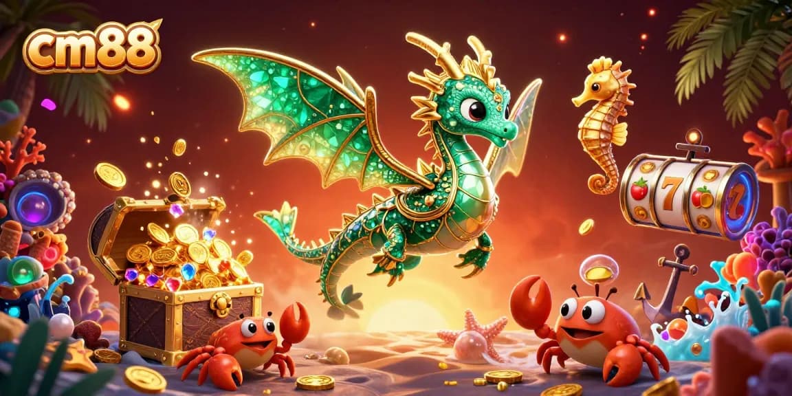 cm88 showcases a vibrant underwater casino scene with a sea dragon and treasure awaiting players.
