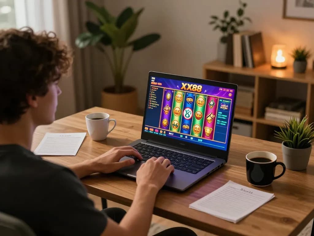 Player engaged with XX88 online casino slot game on laptop in a cozy home setup