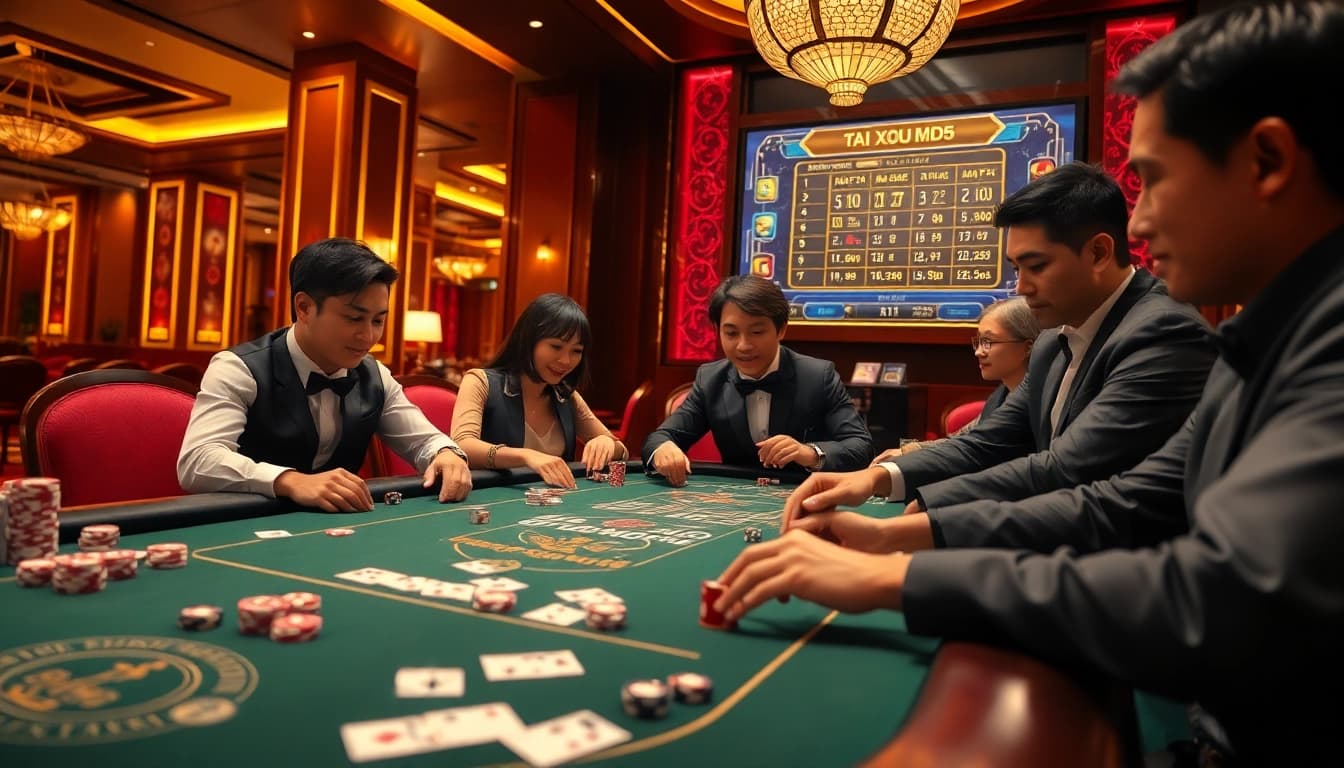 Tài Xỉu MD5 players celebrating their wins at a luxurious casino table full of chips and cards.